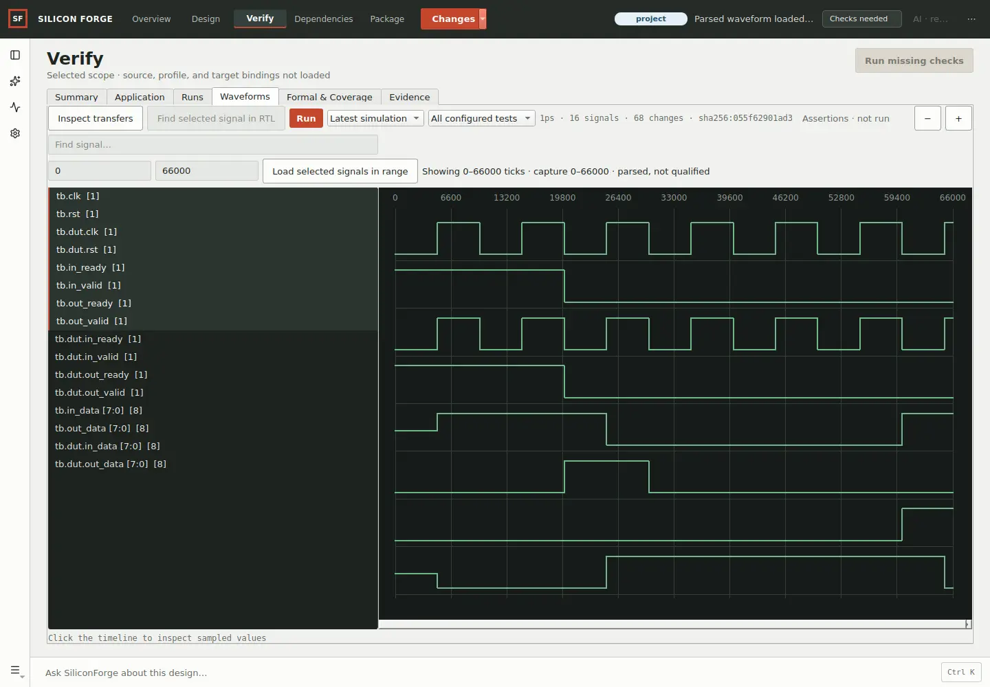 Native Verify view displaying the VCD from the documented ready-valid register testbench